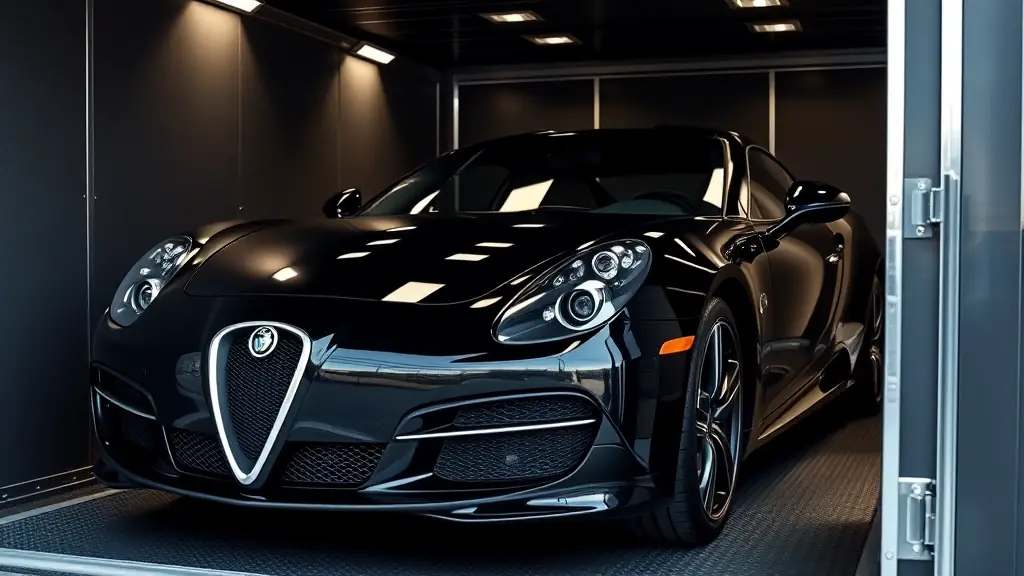 Luxury black sports car secured inside enclosed auto transport trailer, showcasing premium covered vehicle shipping with Ship My Ride.