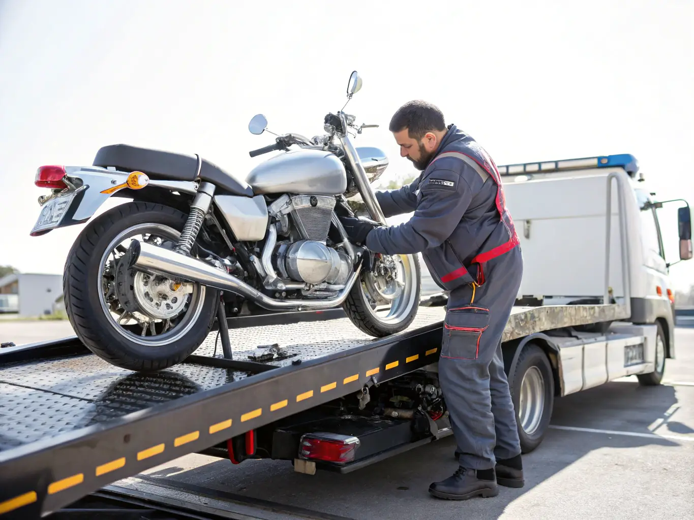 Motorcycle being secured for transport by professional hauler on flatbed truck