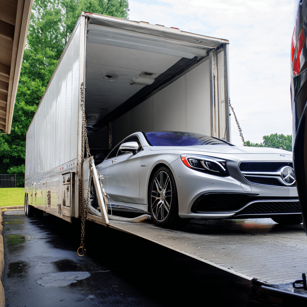 Luxury Mercedes-Benz being loaded into an enclosed trailer for expedited auto transport by Ship My Ride