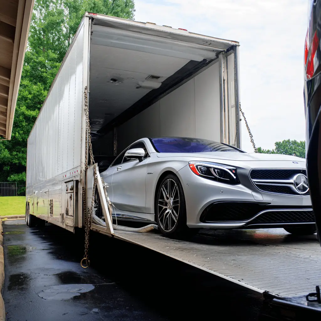 A mercedes being loaded into an enclosed truck for auto shipping