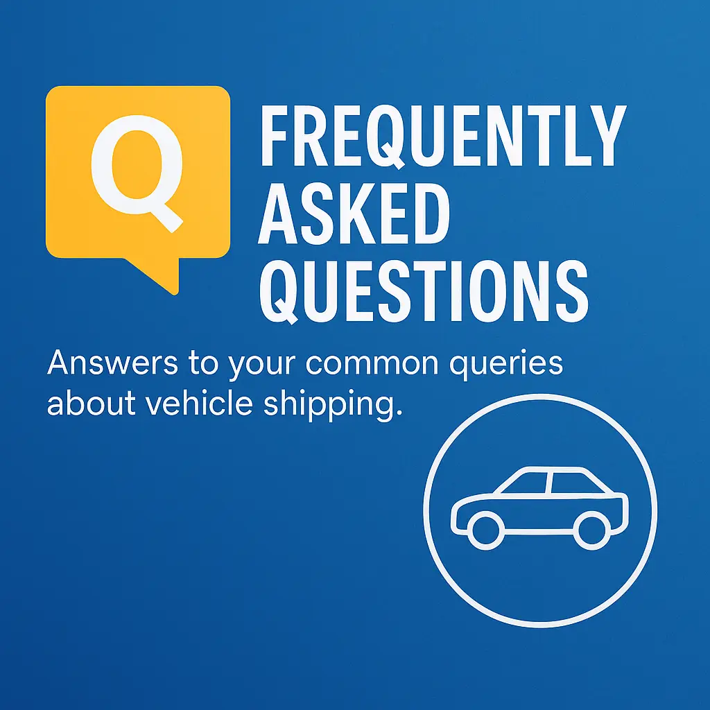 Vehicle shipping FAQ graphic featuring bold question mark icon and car symbol, designed to guide users through common auto transport questions at Ship My Ride
