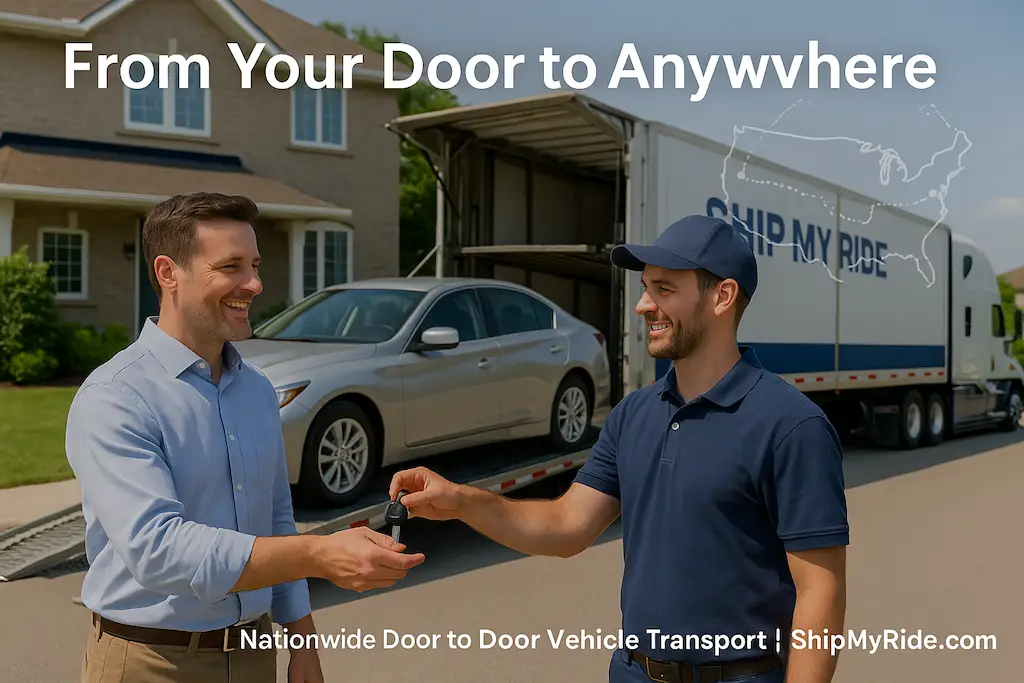 Ship My Ride truck delivering vehicle to residential home – door-to-door vehicle transport service by nationwide auto shipping company