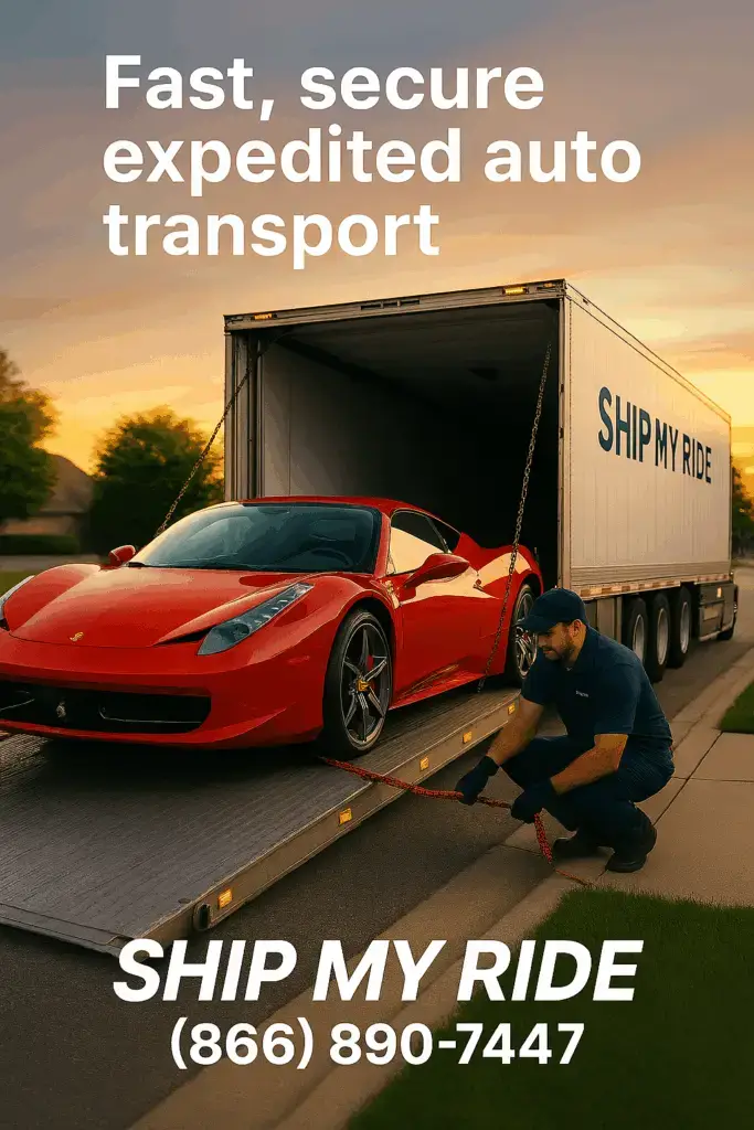 Ship My Ride expedited auto transport truck loading a luxury vehicle for fast, nationwide car shipping service with secure, door-to-door delivery