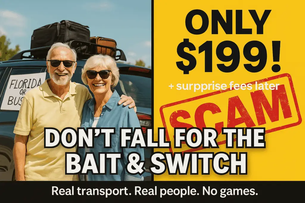 Elderly couple standing by their packed car with a “Florida or Bust” sign, alongside a warning graphic reading “Only $199! Scam.” The image highlights Ship My Ride’s message against bait-and-switch car shipping quotes, promoting real auto transport pricing, no hidden fees, and honest nationwide vehicle shipping services.