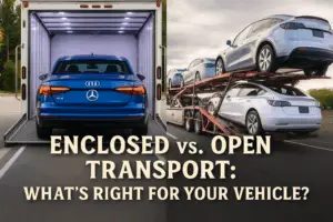 Side-by-side comparison showing enclosed vs open car transport — a luxury blue sedan inside an enclosed trailer on the left and several silver electric vehicles on an open red carrier on the right, branded with Ship My Ride. Blog header image for “Enclosed vs. Open Transport: What’s Right for Your Vehicle?”
