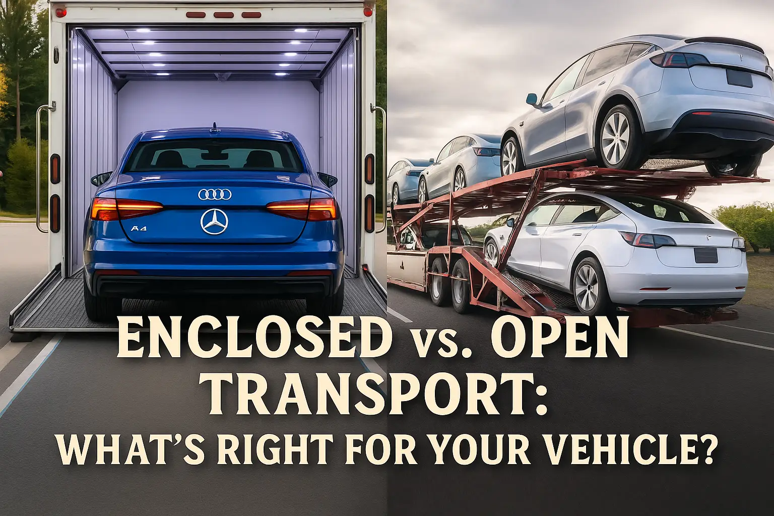 Side-by-side comparison showing enclosed vs open car transport — a luxury blue sedan inside an enclosed trailer on the left and several silver electric vehicles on an open red carrier on the right, branded with Ship My Ride. Blog header image for “Enclosed vs. Open Transport: What’s Right for Your Vehicle?”
