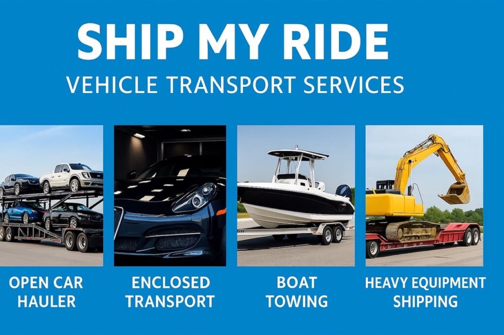 Ship My Ride vehicle transport services banner showing open car hauler, enclosed auto transport, boat towing, and heavy equipment shipping. Promotes professional nationwide car shipping, luxury vehicle transport, and specialized hauling services with trusted logistics expertise.