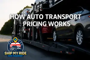 Auto transport truck carrying multiple cars on an open carrier with the Ship My Ride Auto Transport logo, representing transparent and honest auto transport pricing with no bait-and-switch, real car shipping costs, and nationwide vehicle shipping services.