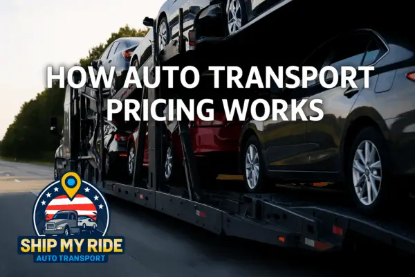 Auto transport truck carrying multiple cars on an open carrier with the Ship My Ride Auto Transport logo, representing transparent and honest auto transport pricing with no bait-and-switch, real car shipping costs, and nationwide vehicle shipping services.