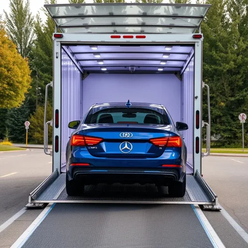Blue luxury sedan inside an enclosed auto transport trailer for nationwide vehicle transport company